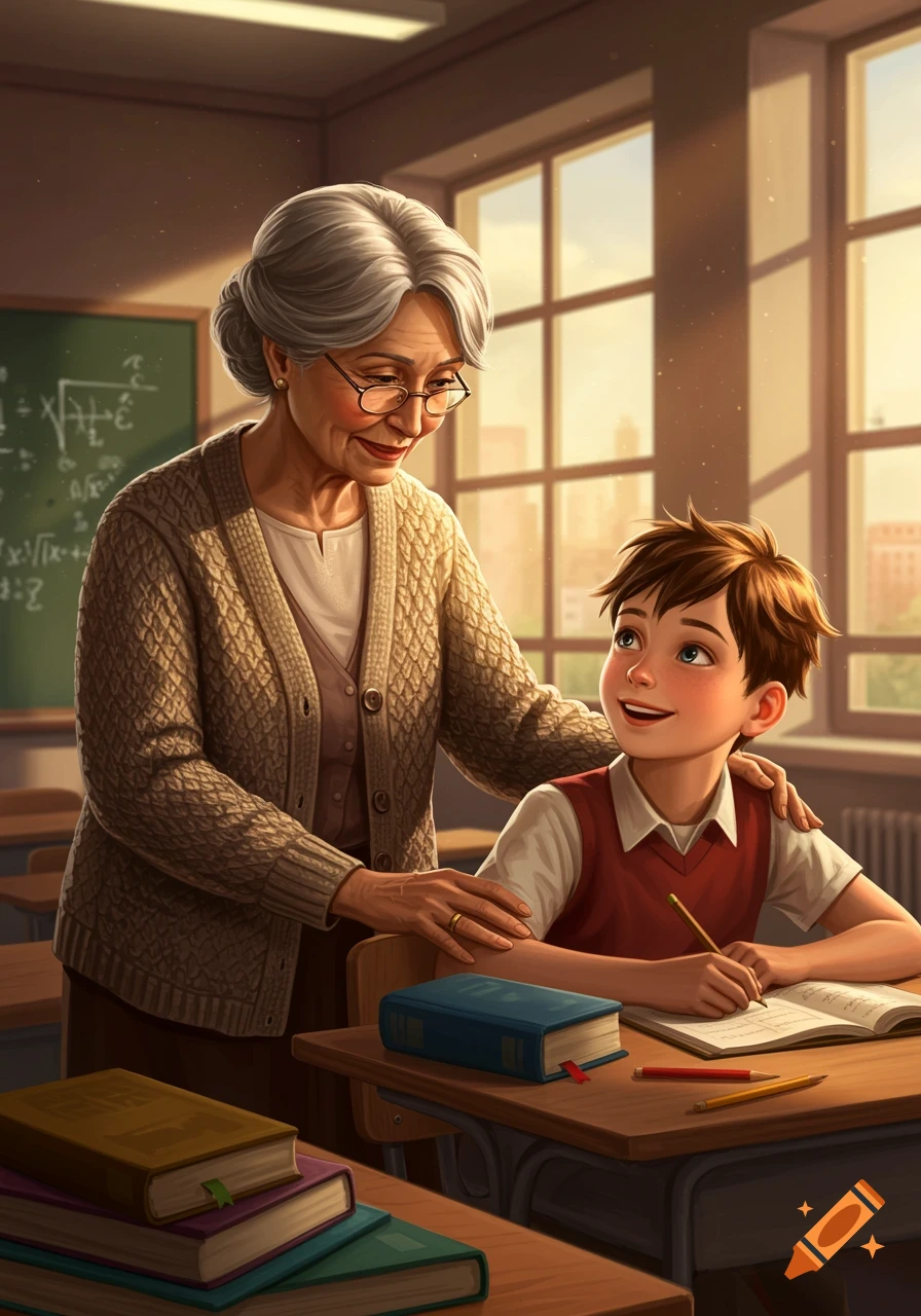 A smiling elderly female teacher with grey hair and glasses places a hand on a young male student's shoulder as he writes at his desk in a sunlit classroom, cartoon illustration.