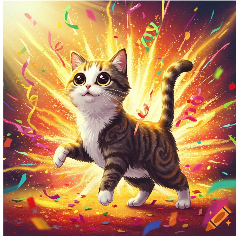 A happy, cartoon cat with large, cute eyes stands amidst a vibrant explosion of light and colorful confetti.