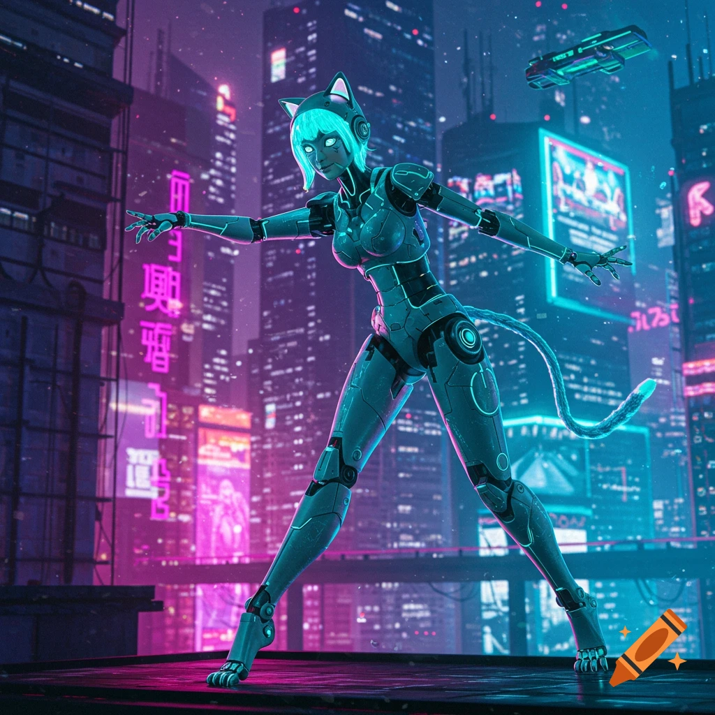 A robot catgirl with glowing blue hair and cat ears stands on a rooftop overlooking a neon-lit futuristic city at night.
