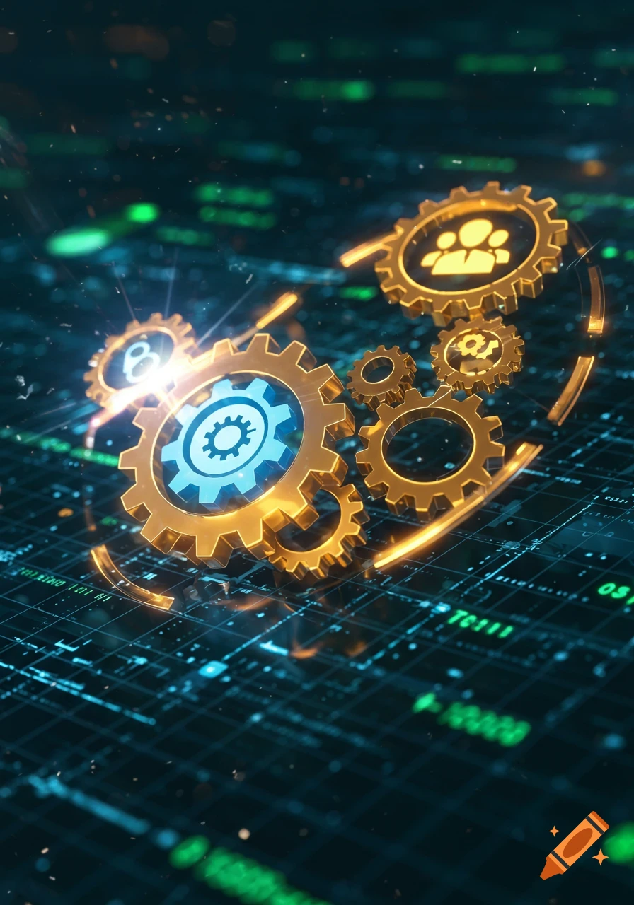 Golden gears with blue glowing icons, including a settings gear and people icon, on a dark digital circuit board background with glowing green lines.