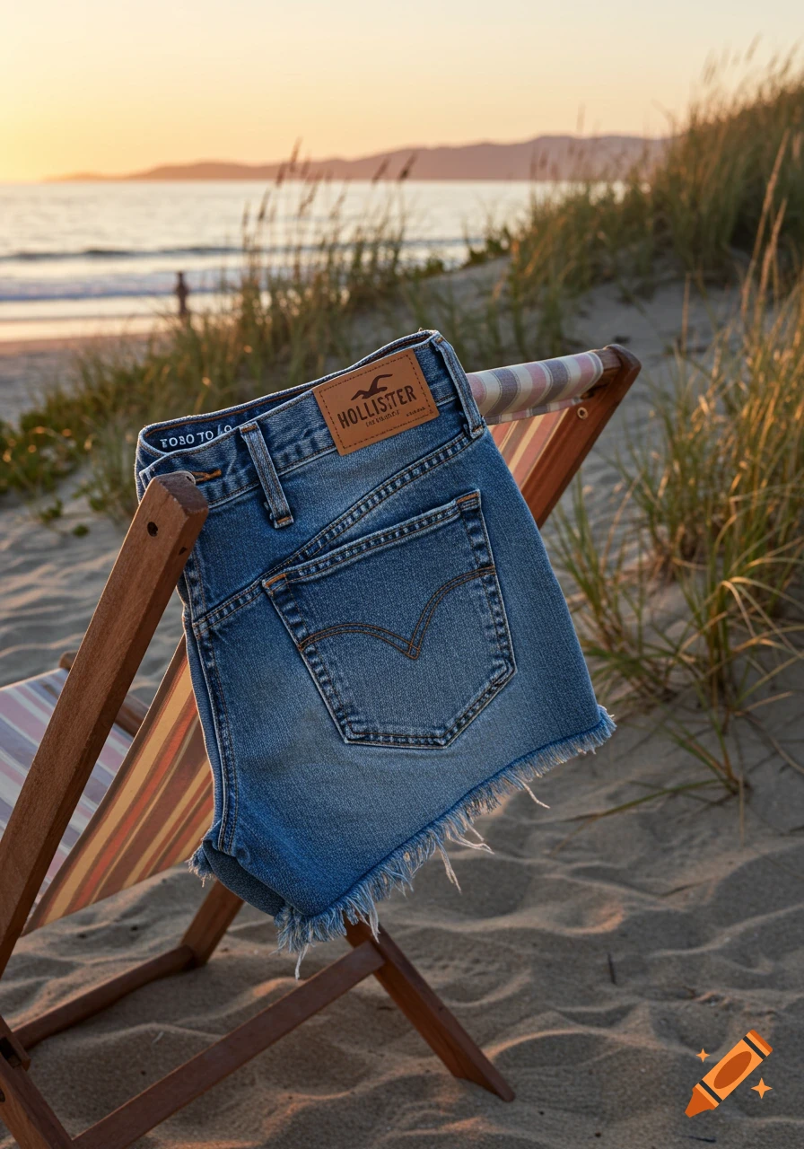 Denim short shorts with a Hollister label hanging on a striped beach chair on a sandy beach at sunset.