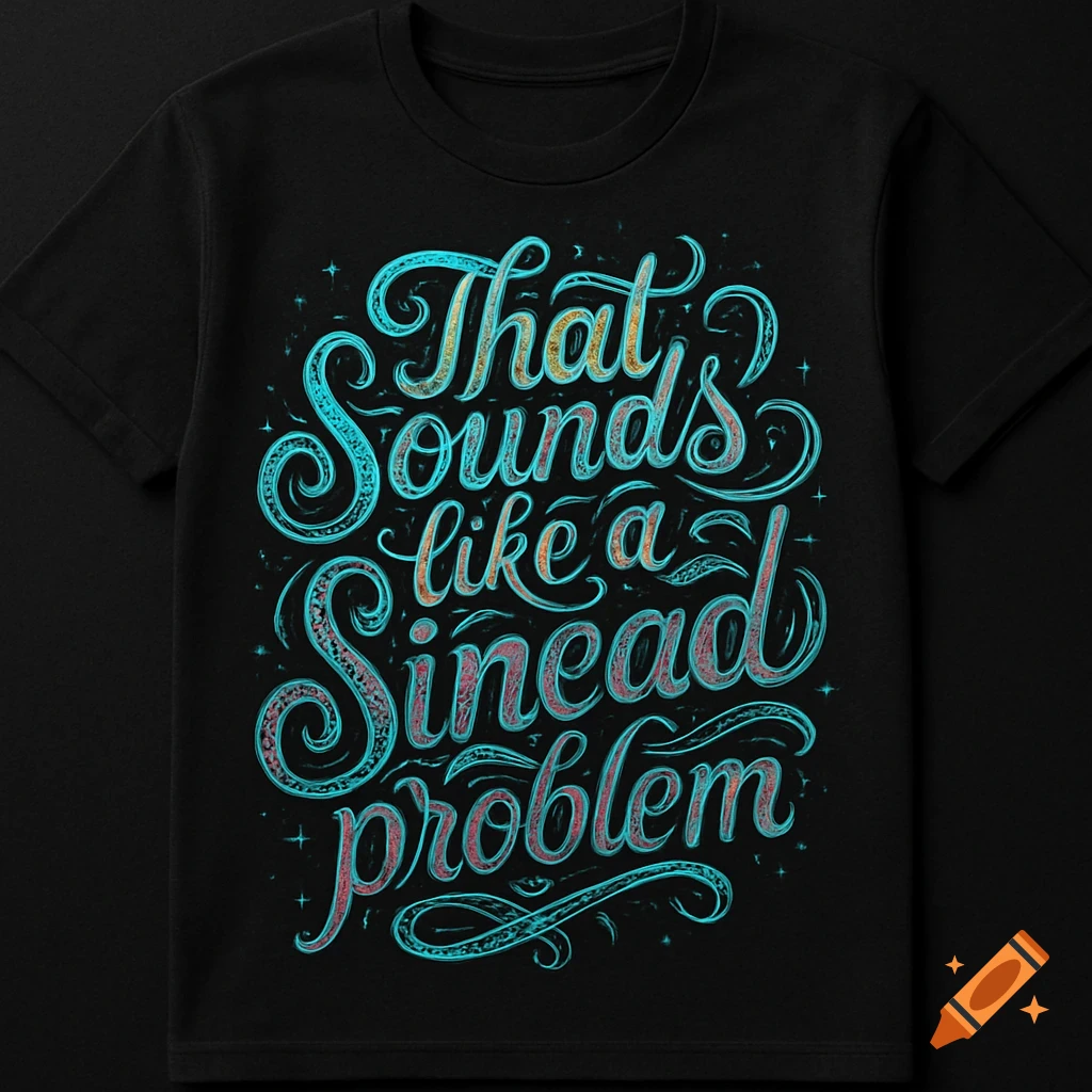 A black t-shirt features stylized turquoise and orange script text with decorative elements, reading 'That sounds like a Sinead problem'.