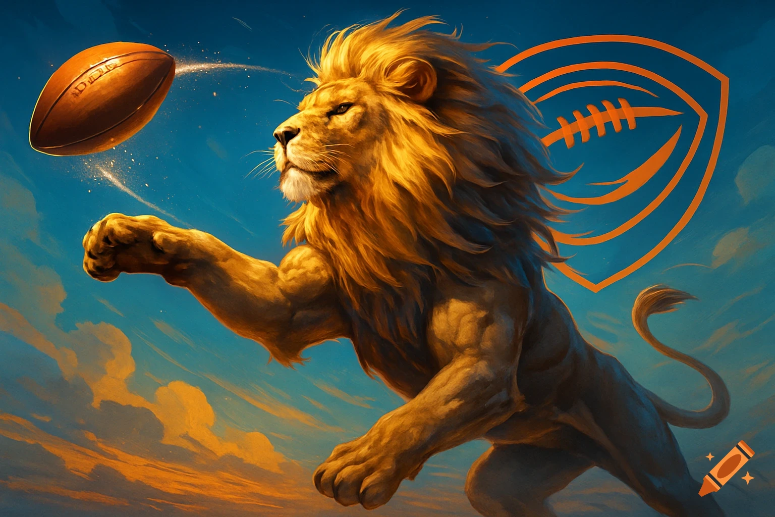 A majestic lion leaps, throwing an American football against a blue and orange sky with a football logo.