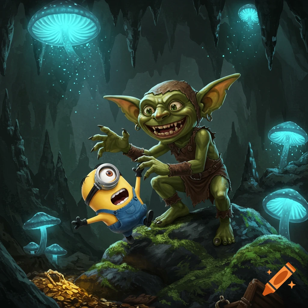 A menacing green goblin lunges at a terrified yellow Minion in a dark cave with glowing blue mushrooms and a pile of gold.