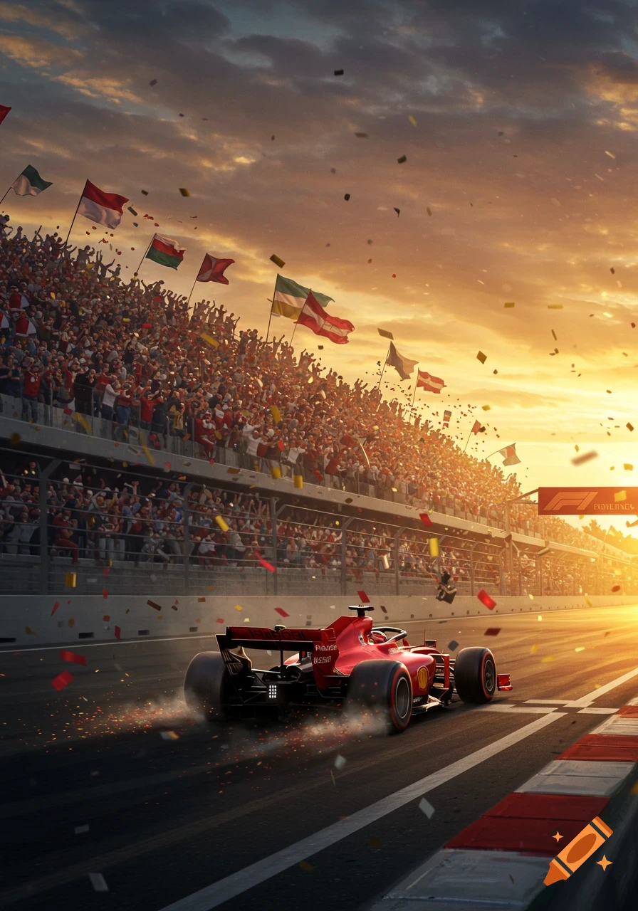 A red Formula 1 Ferrari race car speeds down a track at sunset, with a cheering crowd in grandstands, flags, and confetti. Photorealistic style.