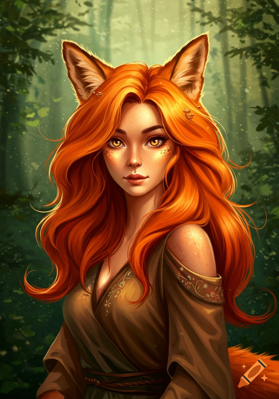 A vibrant digital painting of a fox girl with long orange hair, golden eyes, and fox ears, standing in a lush green forest.