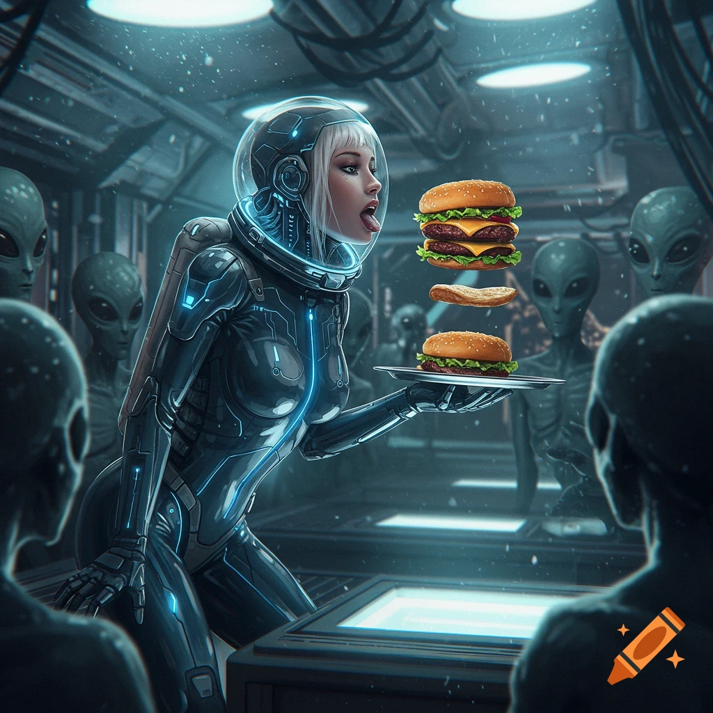 A blonde astronaut in a glowing suit licks a floating hamburger on an alien spaceship, surrounded by grey aliens.