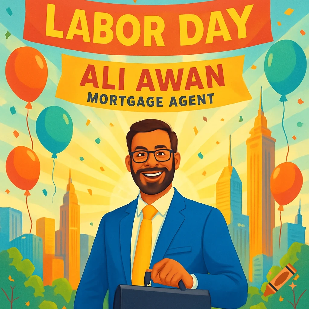 Stylized illustration of a smiling man in a blue suit and yellow tie, holding a briefcase, in front of a cityscape with balloons and banners reading 'LABOR DAY ALI AWAN MORTGAGE AGENT'.