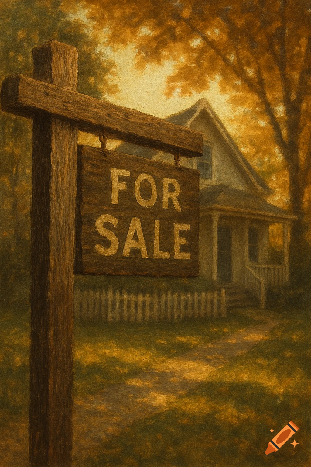 Painterly image of a wooden 'FOR SALE' sign in front of a house with autumn foliage.