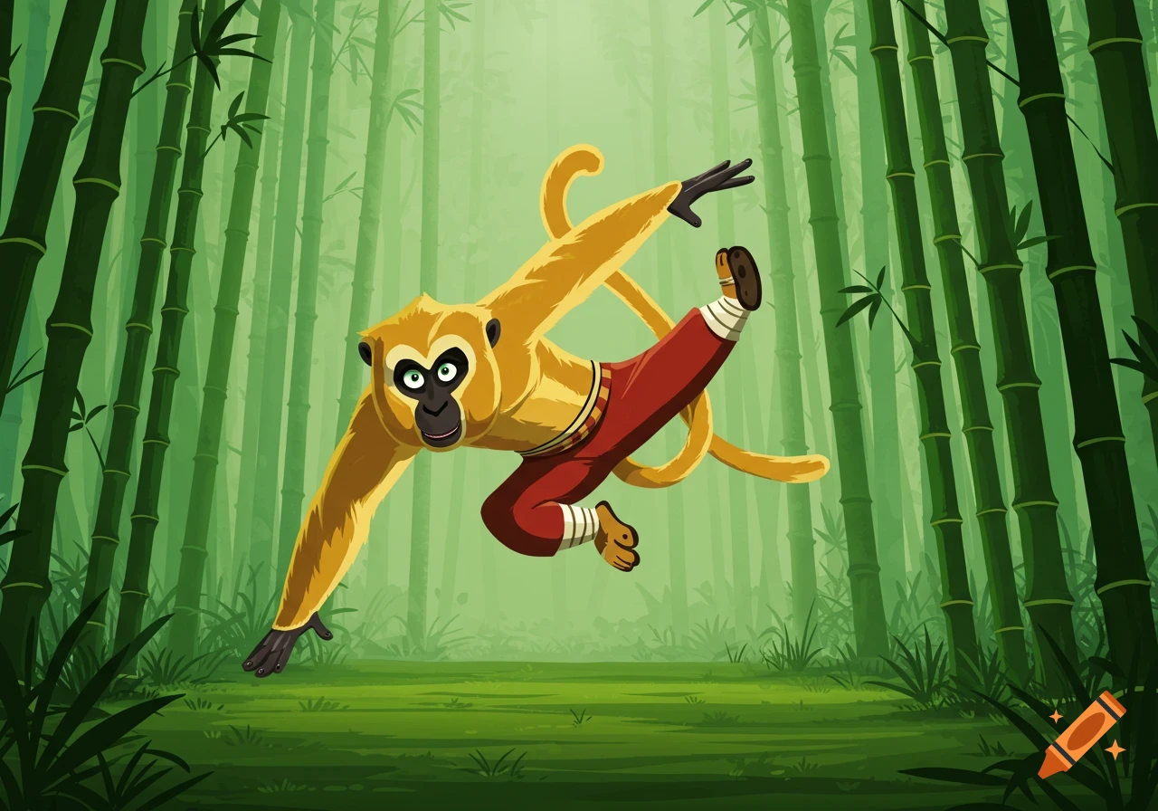 A stylized cartoon monkey in a dynamic, martial arts-like pose amidst a vibrant bamboo forest.