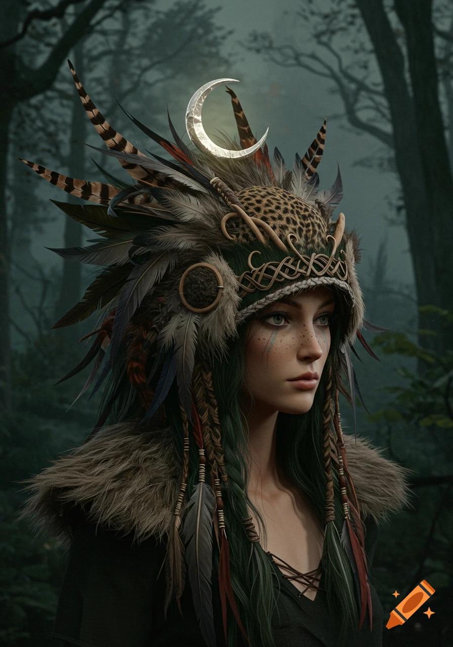 A fantasy portrait of a woman with a large feathered and furred headpiece, adorned with a silver crescent moon, set in a mystical forest.