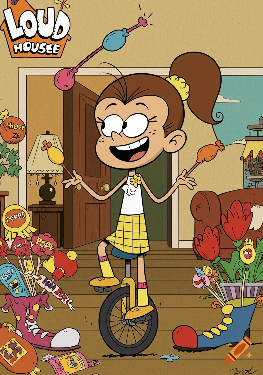 Luan Loud from The Loud House, a cheerful cartoon girl with brown hair in a ponytail, rides a unicycle surrounded by various gag props and clown shoes filled with spring flowers and other items in a room.