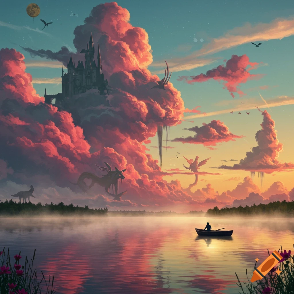 Lone person in a boat on a misty lake at sunset. A castle and shadowy creatures are formed by vibrant pink clouds above a forest.