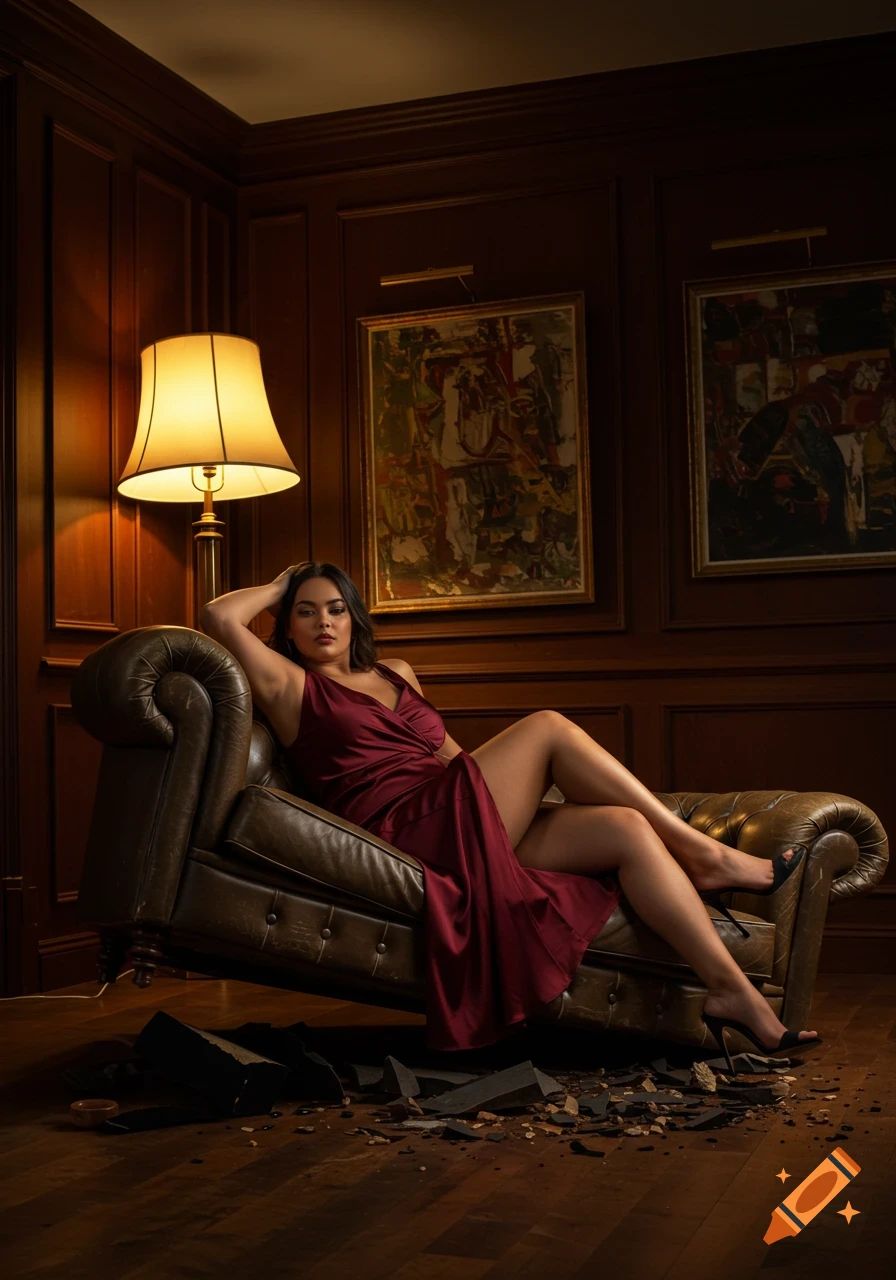 A woman in a red dress reclines on a broken leather couch in an elegant wood-paneled room, lit by a floor lamp.