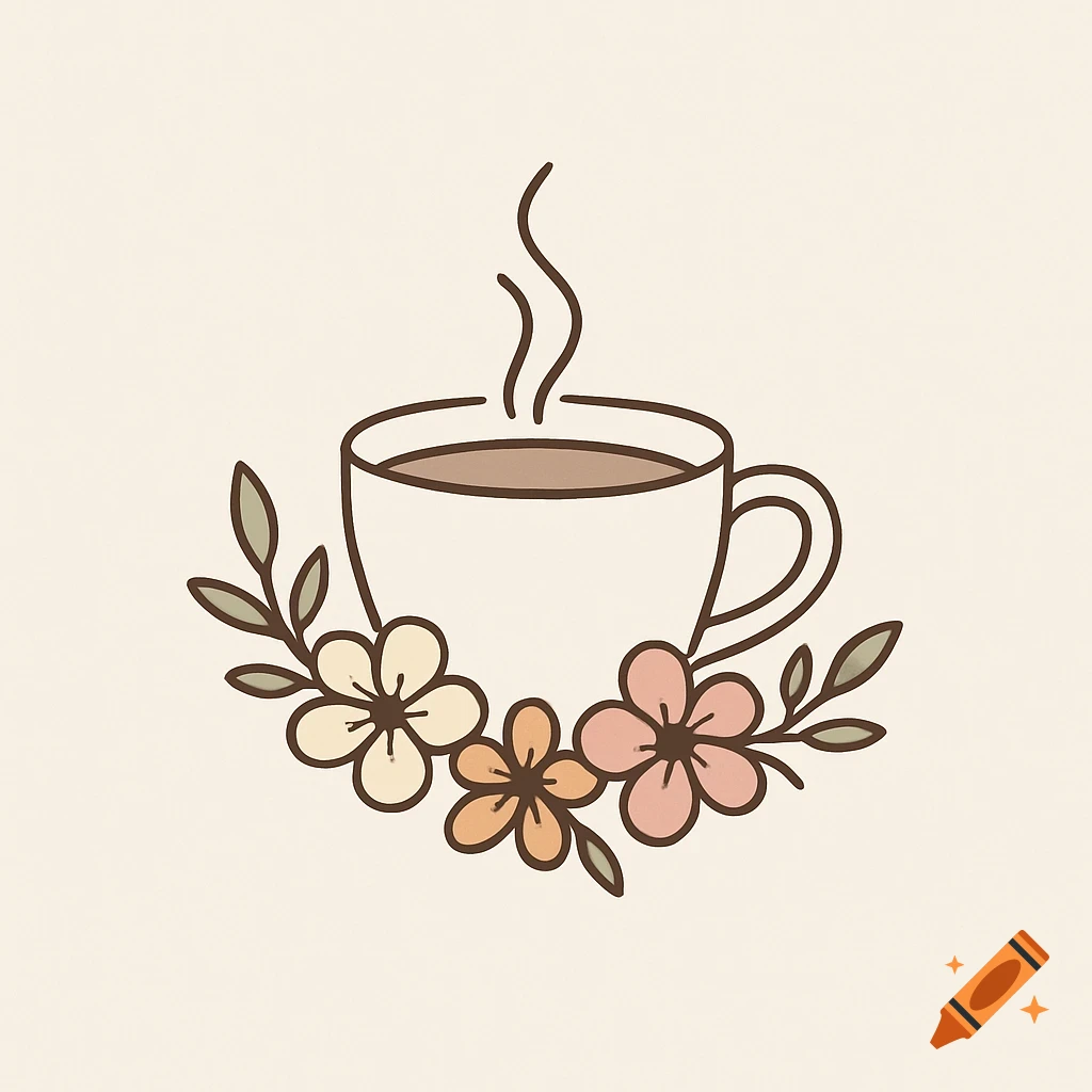 Simple line art illustration of a steaming coffee cup surrounded by pastel flowers and leaves.