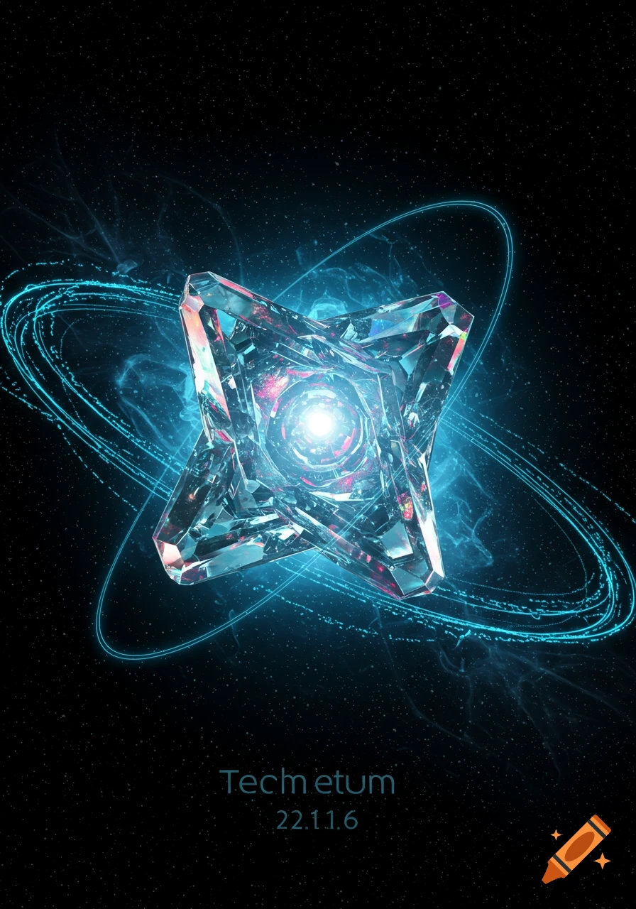 A glowing, faceted crystal with a bright core, surrounded by swirling blue light trails against a starry dark space background. Abstract sci-fi art.
