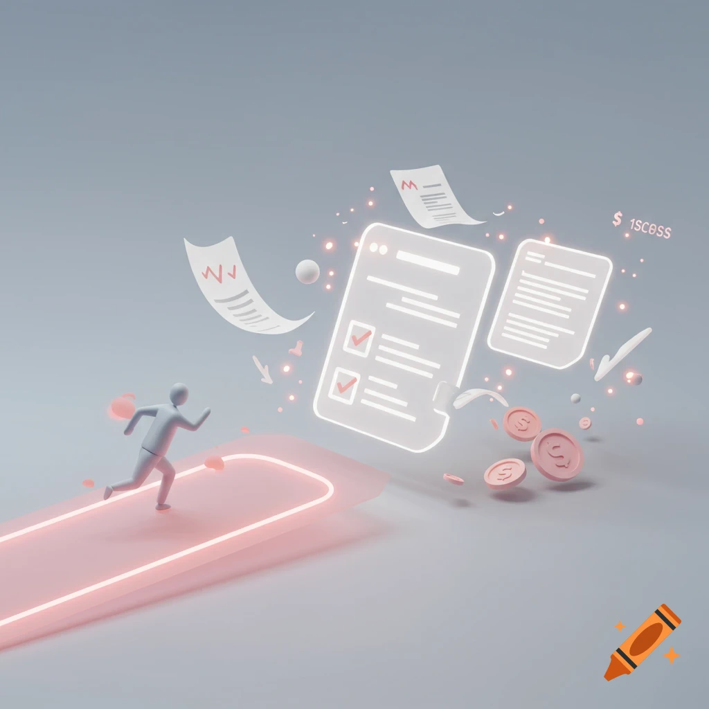 Stylized 3D render: person running on glowing path, with floating business documents, checkmarks, and coins, symbolizing speed.