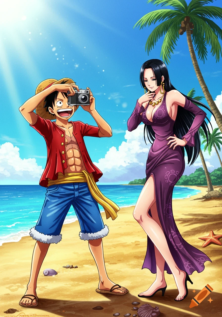 Anime characters Luffy taking a photo of Boa Hancock posing on a sunny beach with palm trees and ocean.