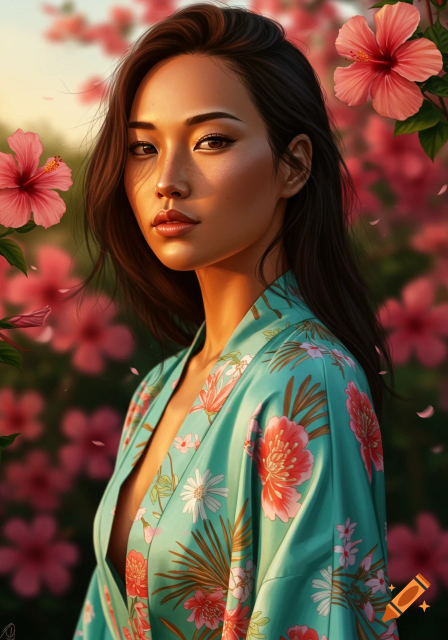 Photorealistic portrait of a young woman in a floral kimono, bathed in warm light, surrounded by pink hibiscus flowers.