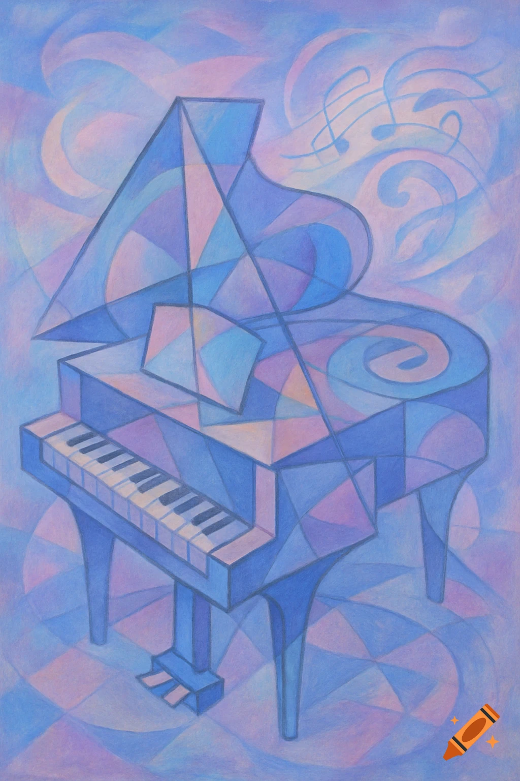 A dreamy, Picasso-like painting of a grand piano in shades of blue and purple, with musical notes in the background.