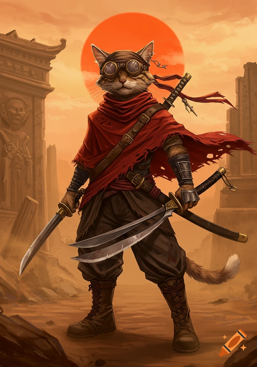 A stylized cat warrior with goggles and a red poncho holds swords in a desolate desert landscape under an orange sun.