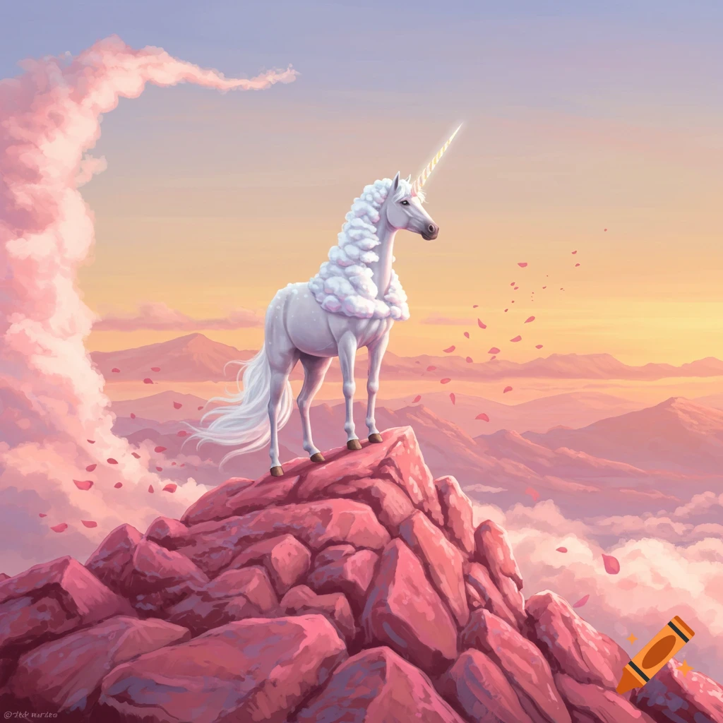 A majestic white unicorn with a cloud-like mane stands atop a pink mountain at sunset, with rose petals falling.