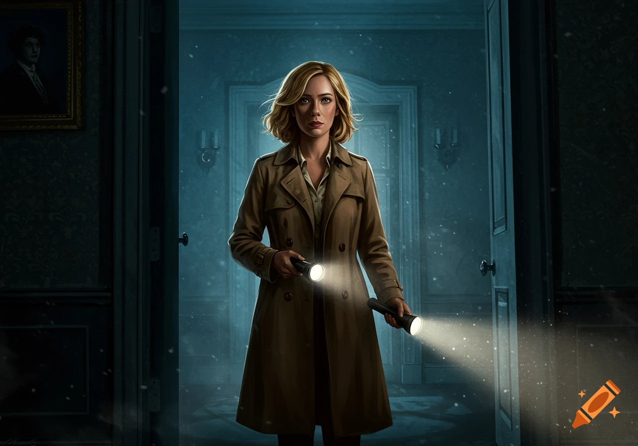 A blonde woman in a trench coat holds two flashlights, illuminating a dark, ornate hallway in a mysterious illustration.