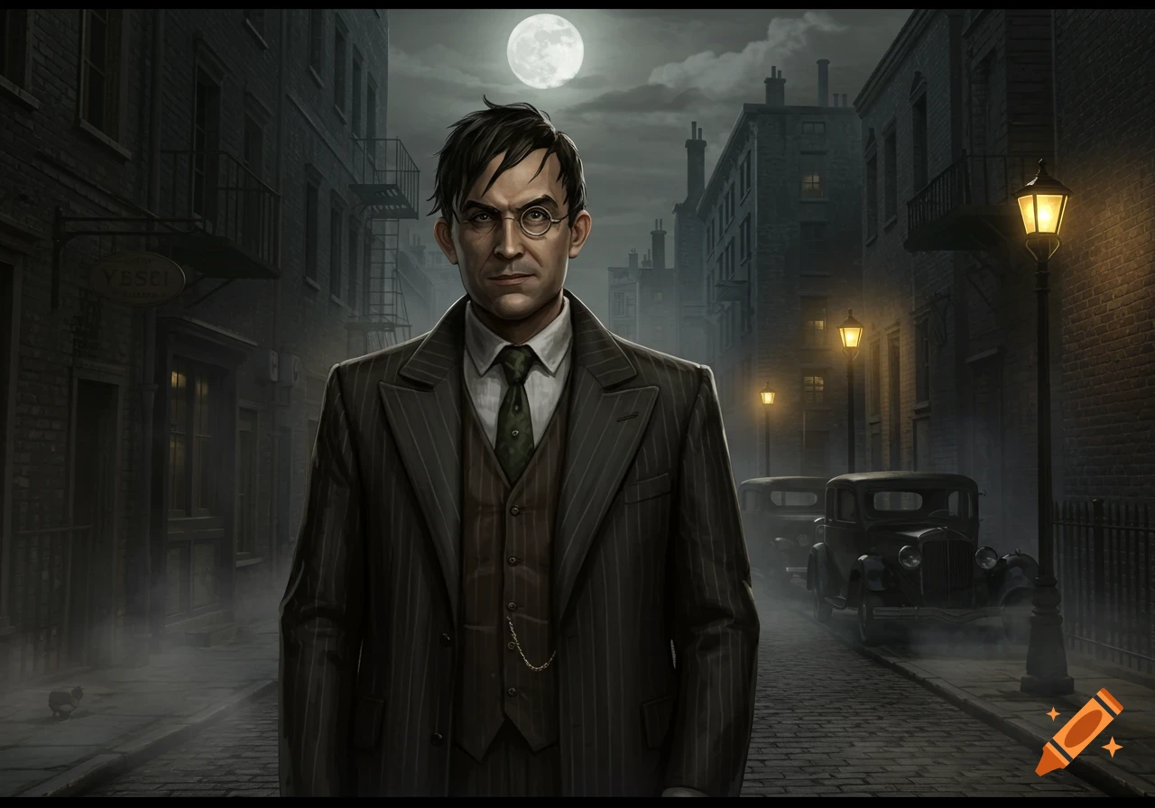 A man in a pinstripe suit and round glasses stands on a foggy, gaslit city street at night under a full moon, with vintage cars and buildings.