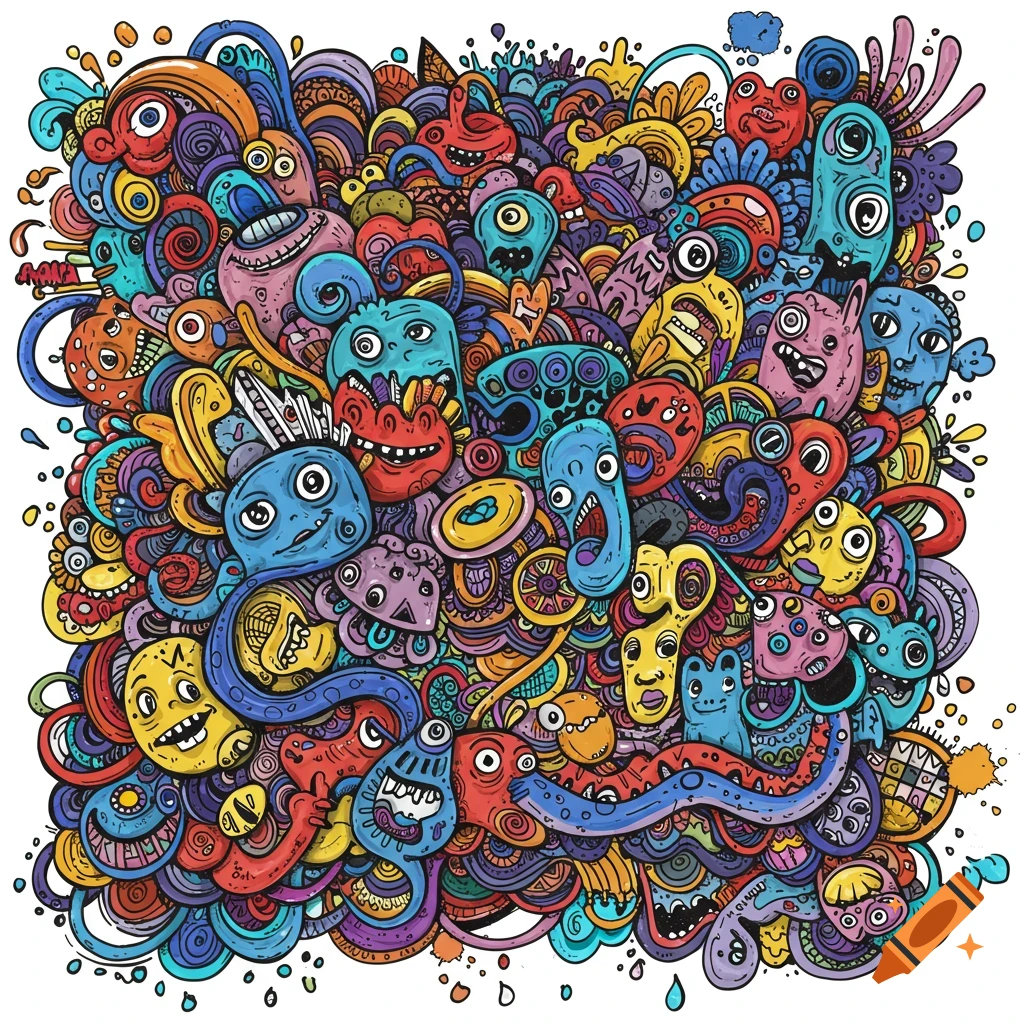 A vibrant, detailed doodle art piece featuring an intricate tangle of colorful, abstract cartoon monsters and shapes with varying expressions.