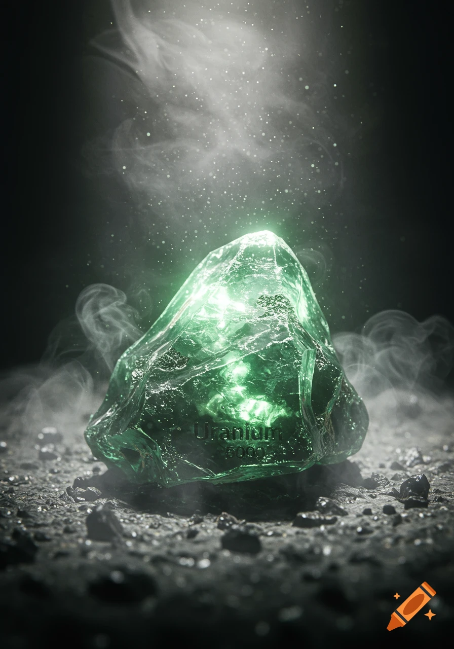 A glowing green crystal, labeled 'Uranium', rests on a dark, rocky surface with smoke and light particles.