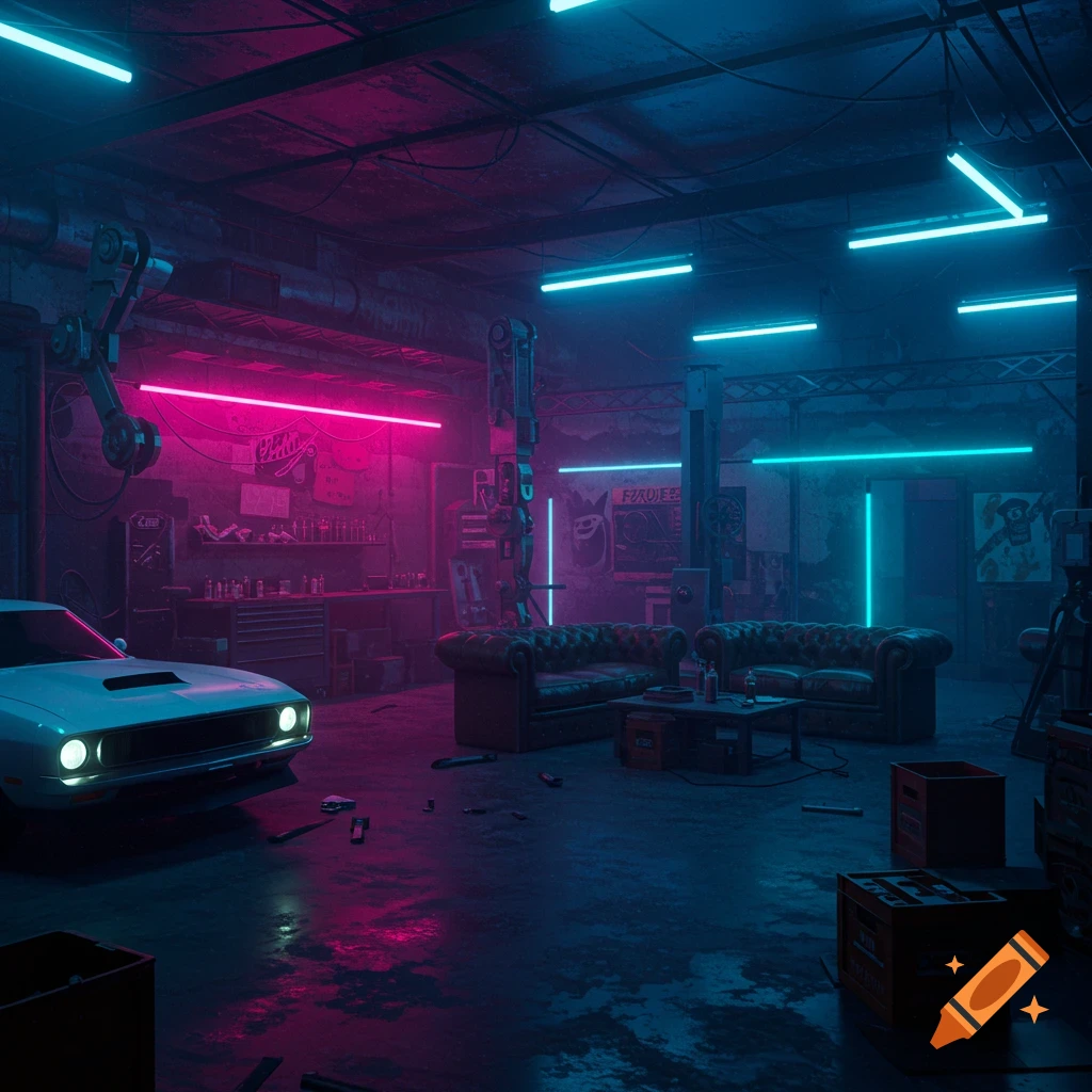 A dark, neon-lit cyberpunk industrial car garage with a white muscle car and a cozy seating area, in an anime style.