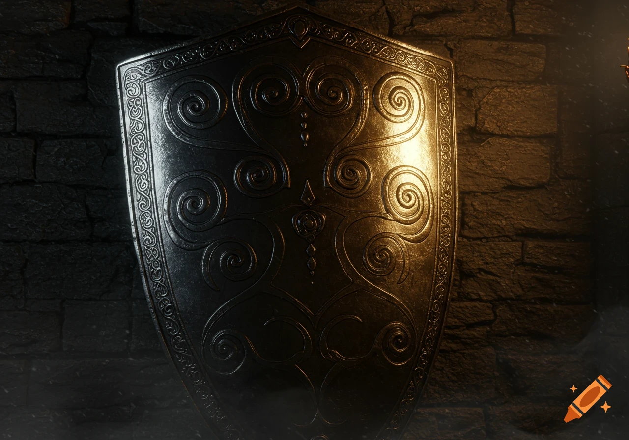 A detailed, metallic knight's shield with intricate spiral patterns, dimly lit against a stone wall.