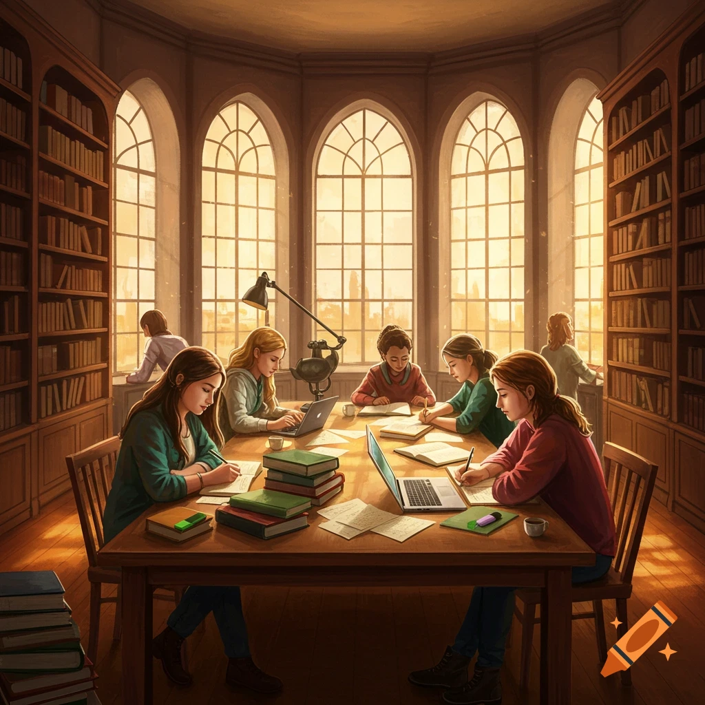 Students study around a large wooden table in a sunlit library with arched windows and tall bookshelves.
