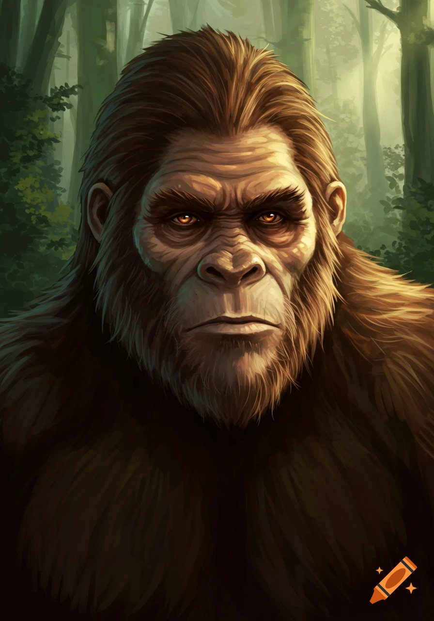An illustrative close-up of a brown-furred Bigfoot with amber eyes, looking forward in a forest setting.