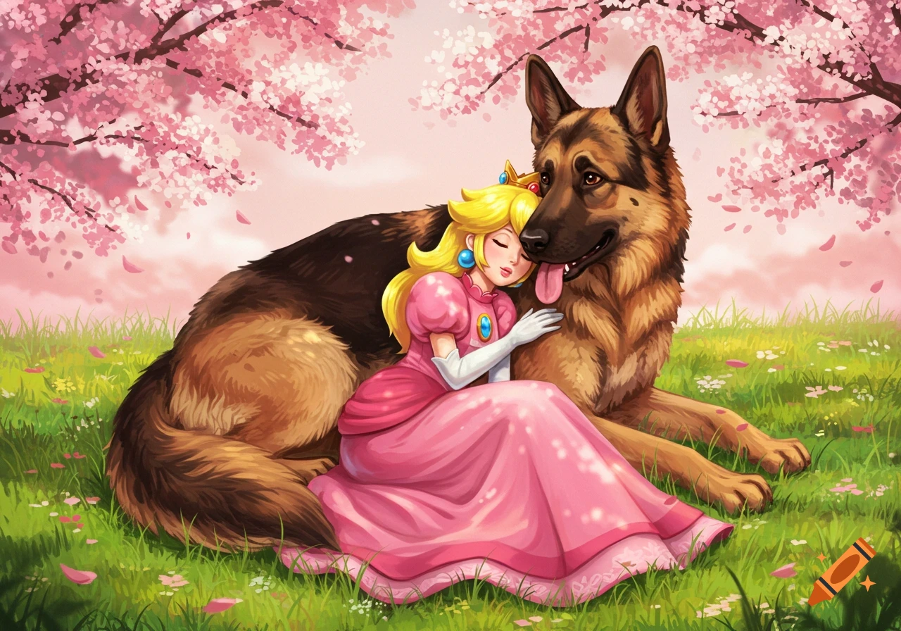 Princess Peach hugs a German Shepherd under pink cherry blossom trees in a grassy field, anime style.
