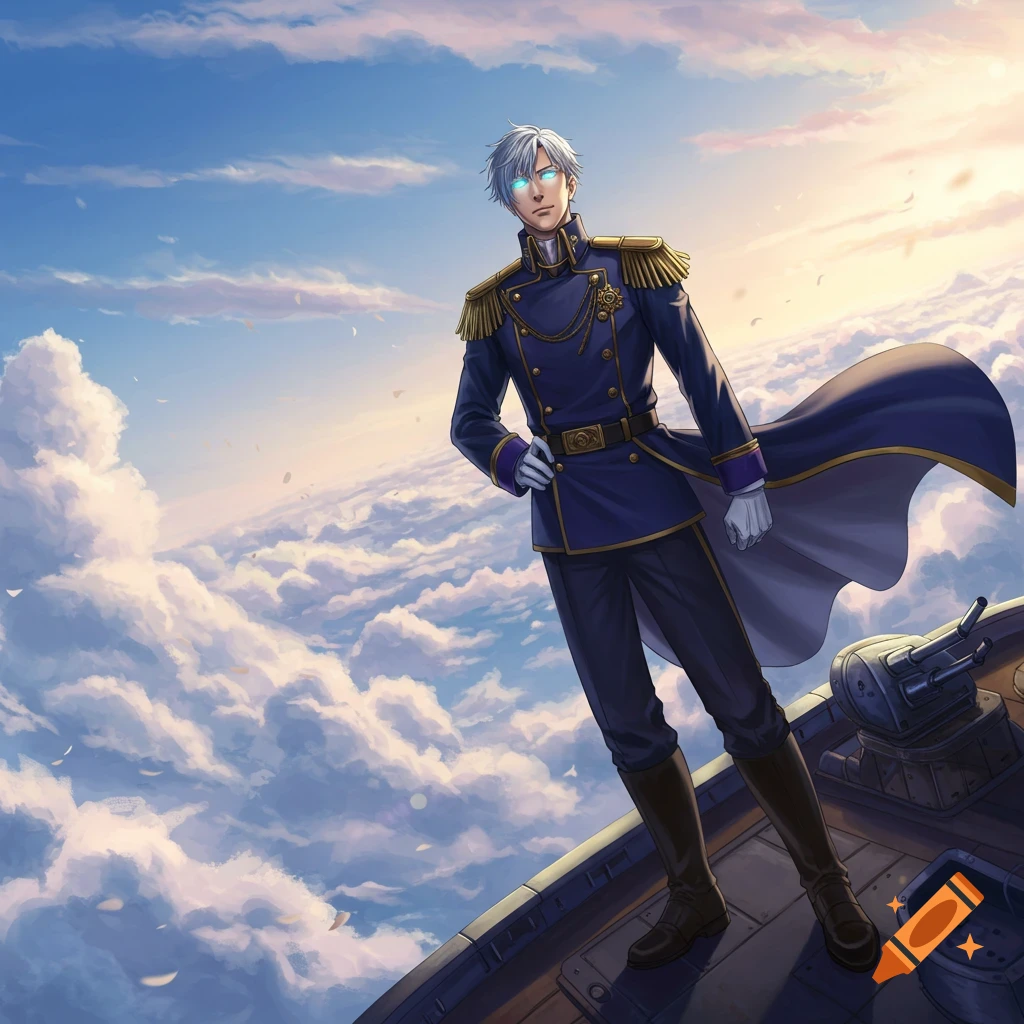 Anime male character in a dark blue captain's uniform with glowing blue eyes, standing on a flying ship above clouds at sunset.