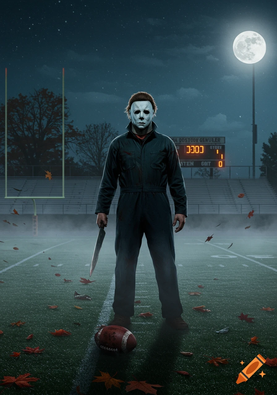 Michael Myers with a knife on a foggy football field at night under a full moon, with a football and scattered autumn leaves.