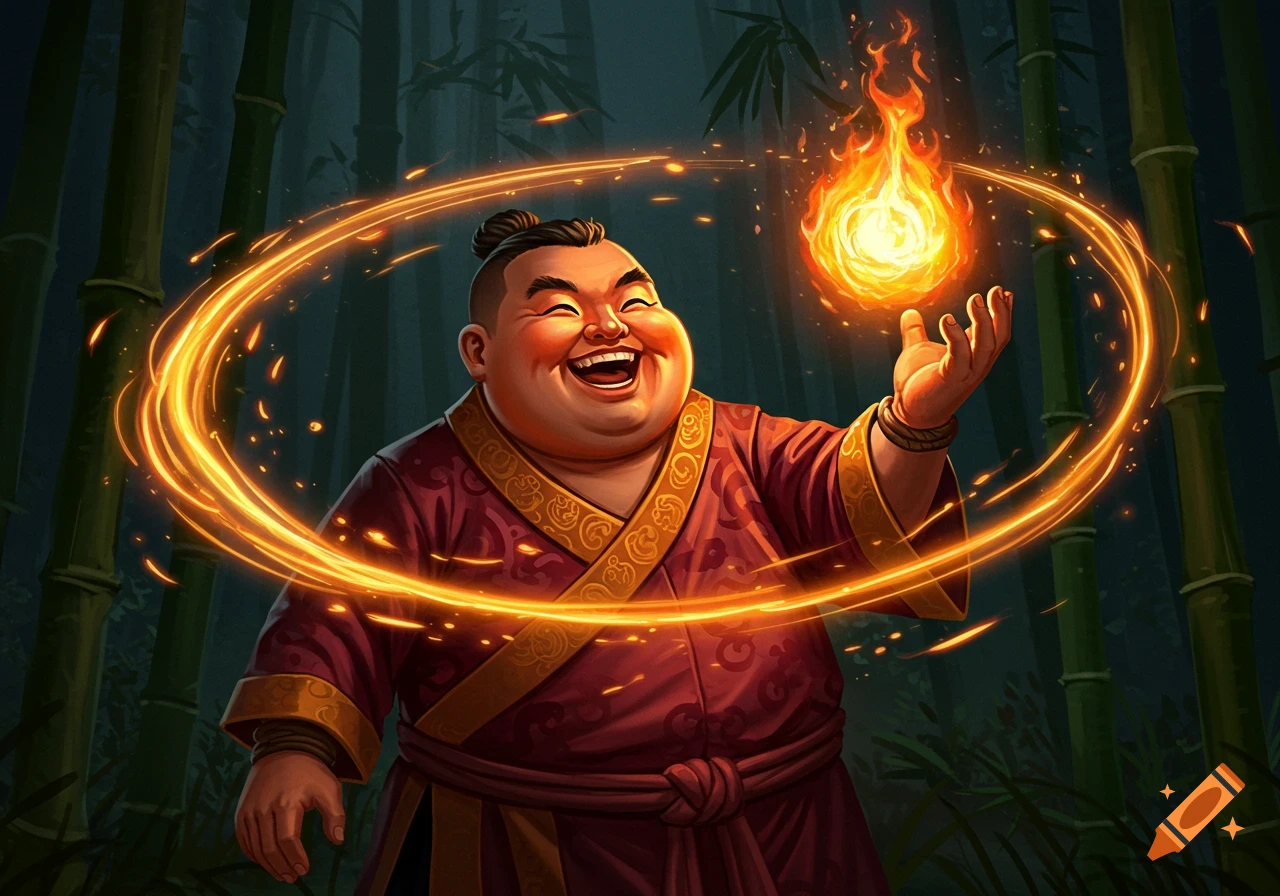Jovial chubby Asian man in red robe conjures a fiery orb with glowing rings in a bamboo forest, digital illustration.
