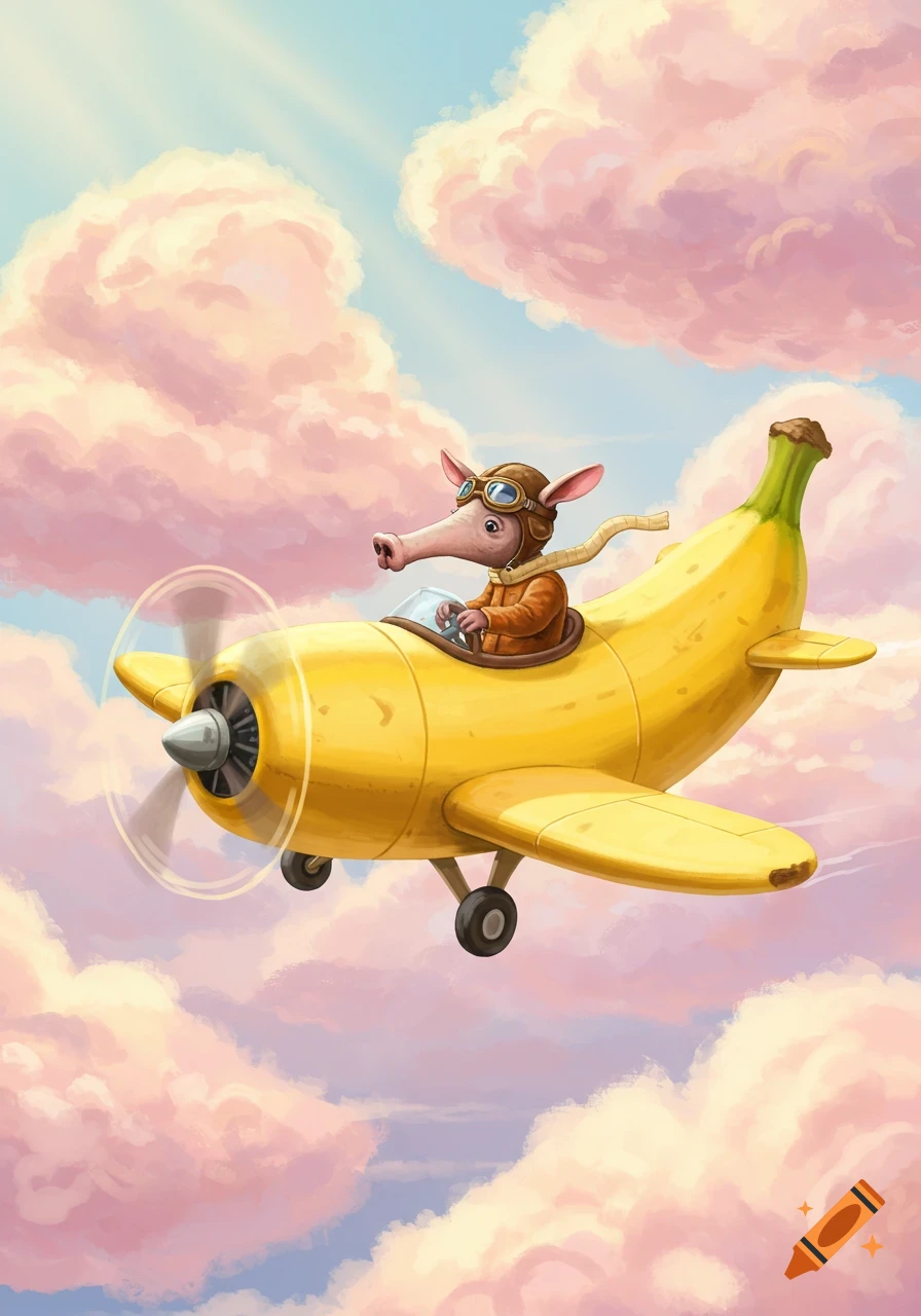 A cute cartoon aardvark in pilot goggles and scarf flies a yellow banana-shaped airplane through pink clouds.