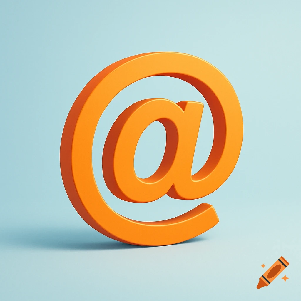 A vibrant orange 3D @ symbol on a light blue background.