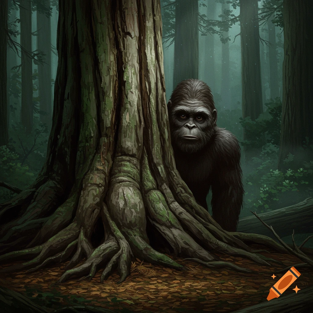 A hairy sasquatch with dark fur and a human-like face peeks from behind a large, mossy tree in a dark, misty forest.
