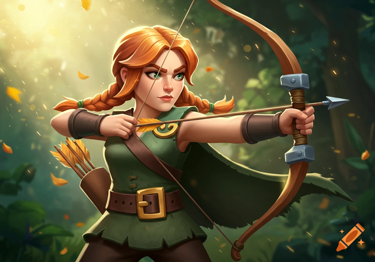 A stylized red-haired female archer in a green tunic aims a bow and arrow in a sun-dappled forest.