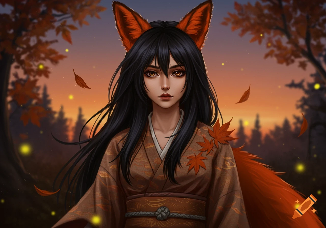 A fantasy portrait of a dark-haired fox girl in a kimono, with autumn leaves and glowing lights in a warm sunset forest.