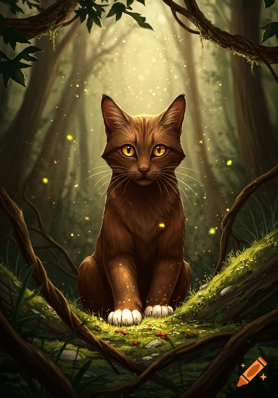 A brown cat with golden eyes and white paws sits in a magical forest with glowing light particles. Stylized illustration.