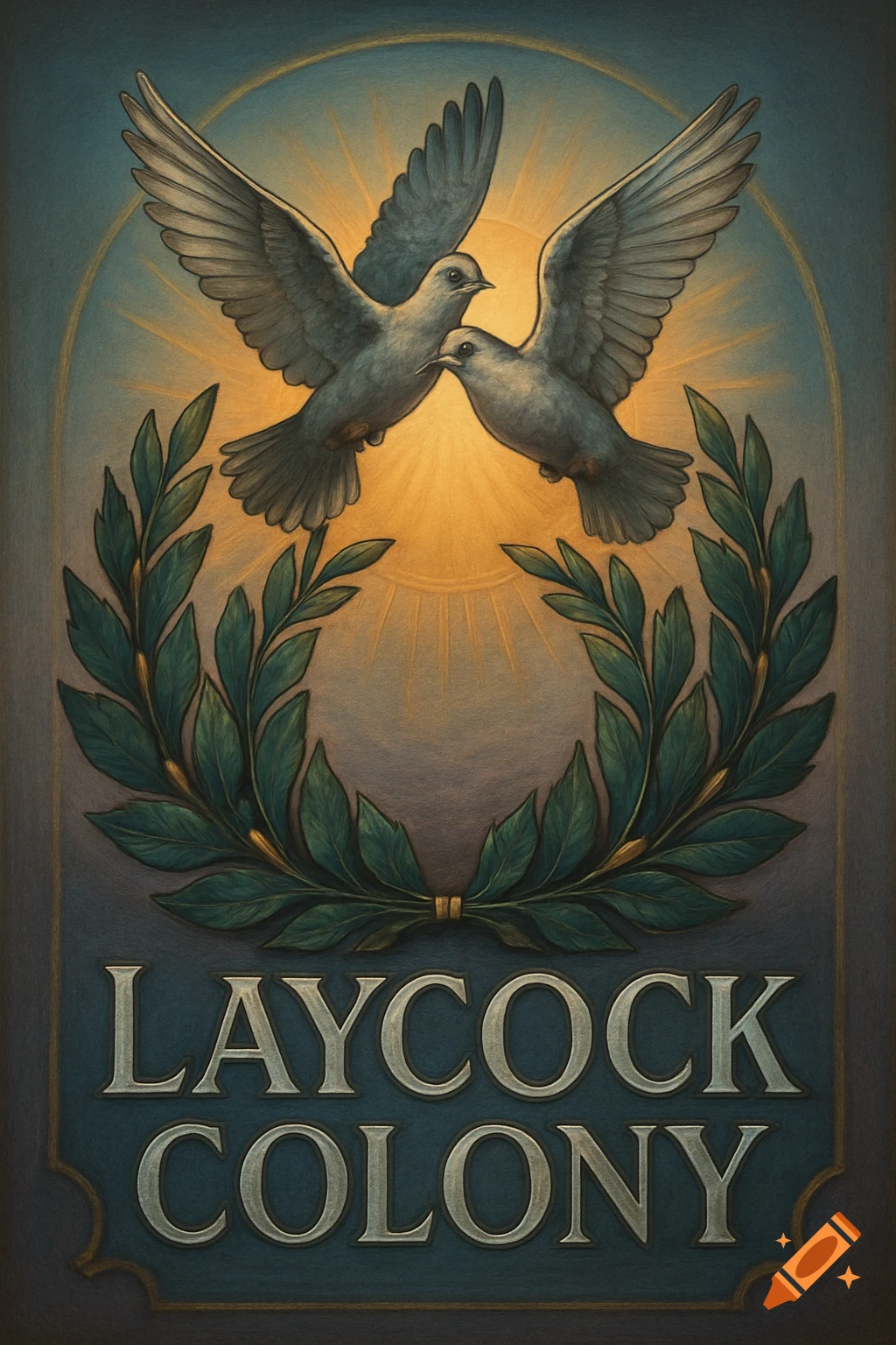An illustrative emblem featuring two doves embracing over a golden sunburst, encircled by a green laurel wreath, with the text 'LAYCOCK COLONY' below.