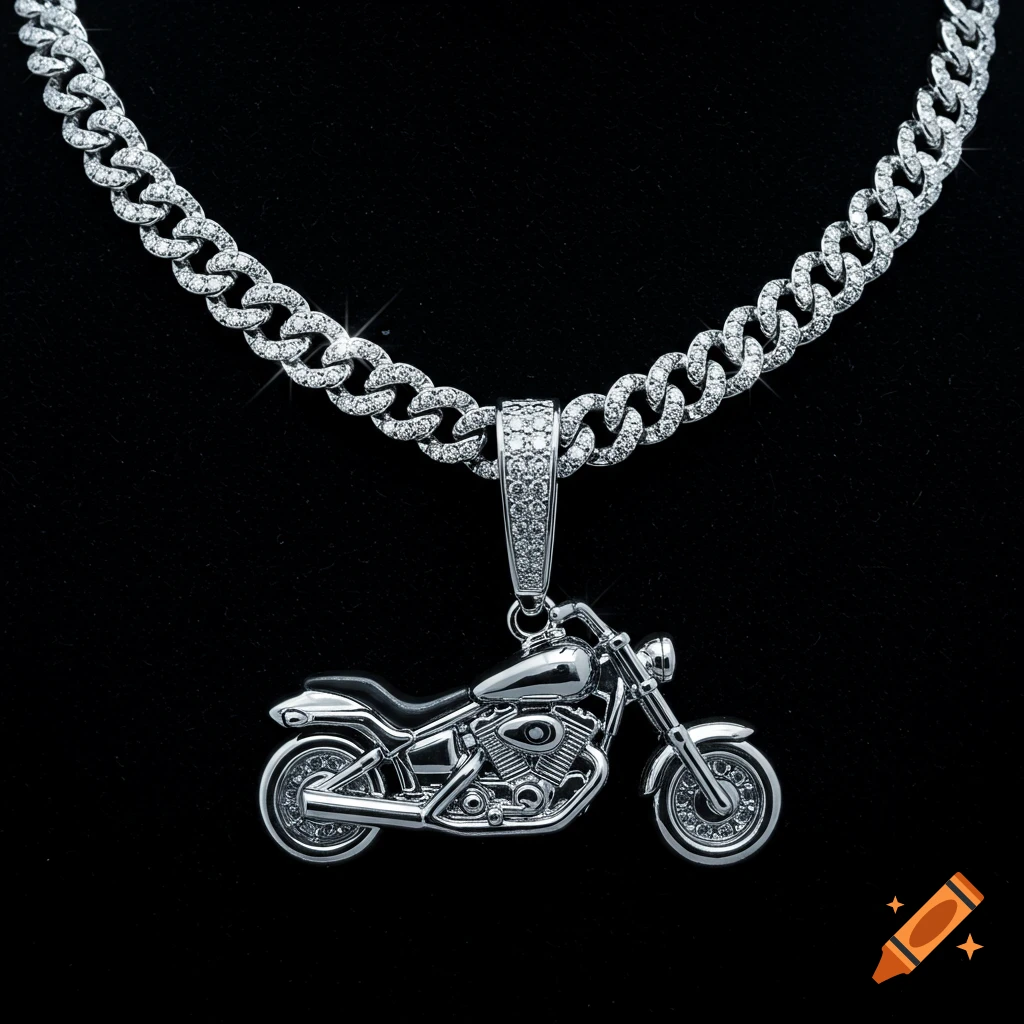 A sparkling diamond Cuban link chain necklace with a detailed silver motorcycle pendant on a black background.