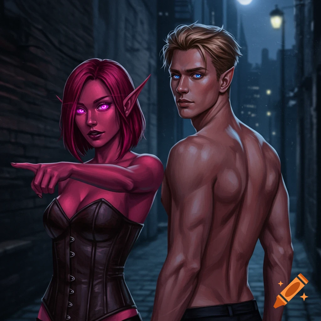 A red-skinned female elf in a black corset points, next to a shirtless blonde man looking over his shoulder in a dark alley, digital art.
