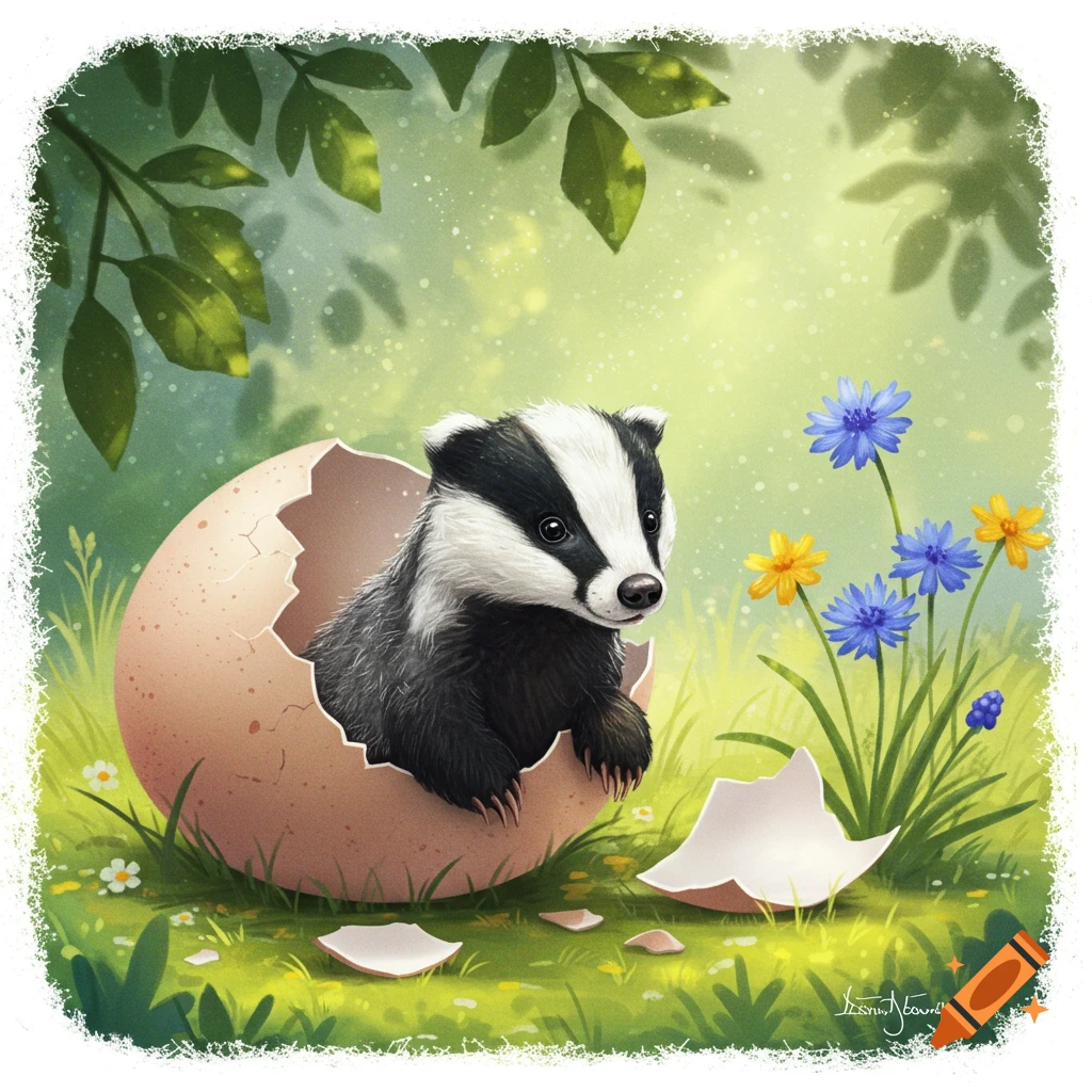 A cute cartoon badger hatches from a cracked egg in a grassy clearing with blue and yellow flowers, surrounded by green leaves.