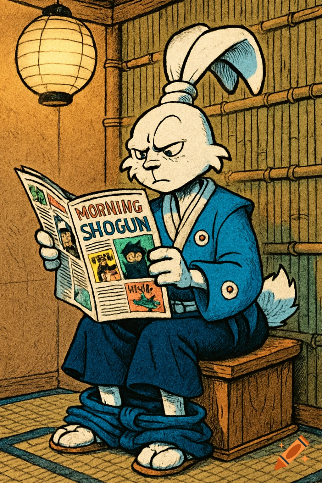 A comic-style white samurai rabbit sits with pants down, reading a newspaper in a traditional room.