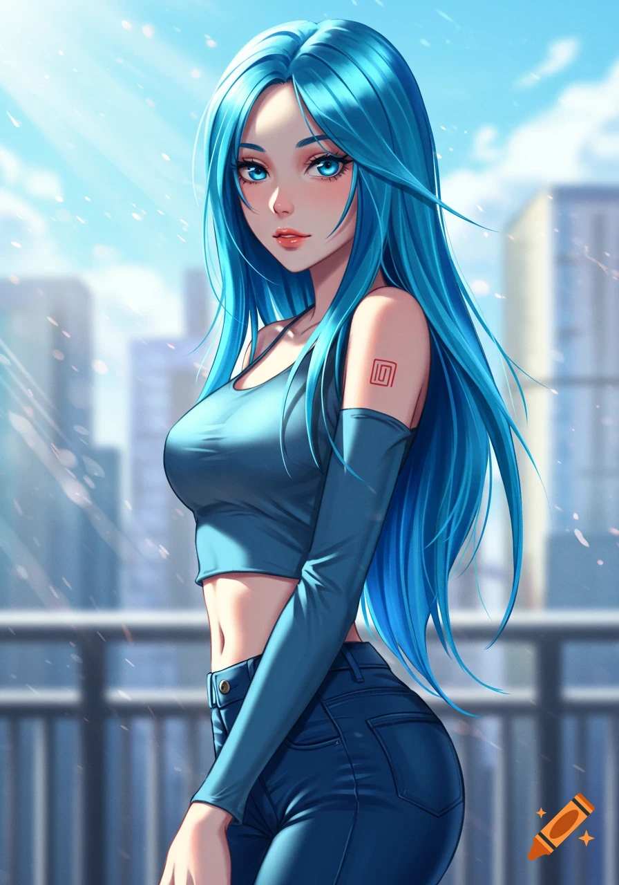An anime girl with long, bright blue hair and blue eyes, wearing a blue crop top and skinny jeans, stands outside in a city background.